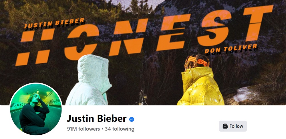 Justin Bieber - 91 Million Followers on Facebook
