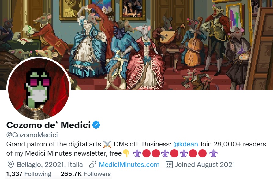 Cozomo de' Medici - 265.7k Followers Twitter - Grand mécène des arts numériques